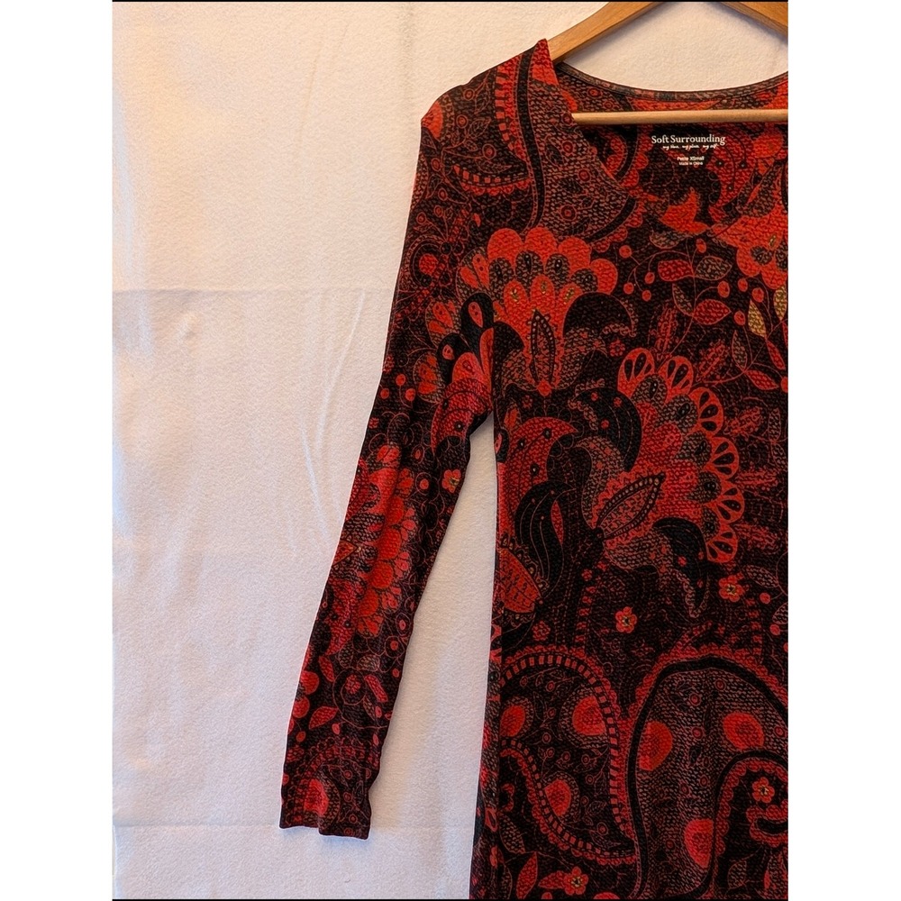 Soft Surroundings Red Black Paisley Floral V-Neck Midi Dress Petite XS 3BN36 - Picture 5 of 12